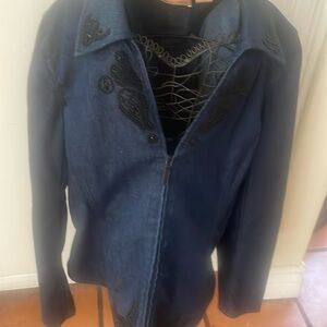 Two piece embroidery with black beads denim suit by Dana buchman